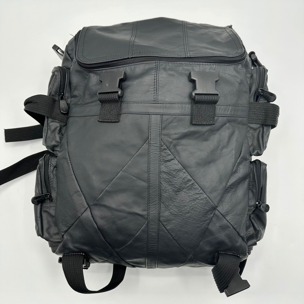 Carroll Black Leather Multi-Pocket Backpack Utility Travel Rucksack Bag - Picture 7 of 15